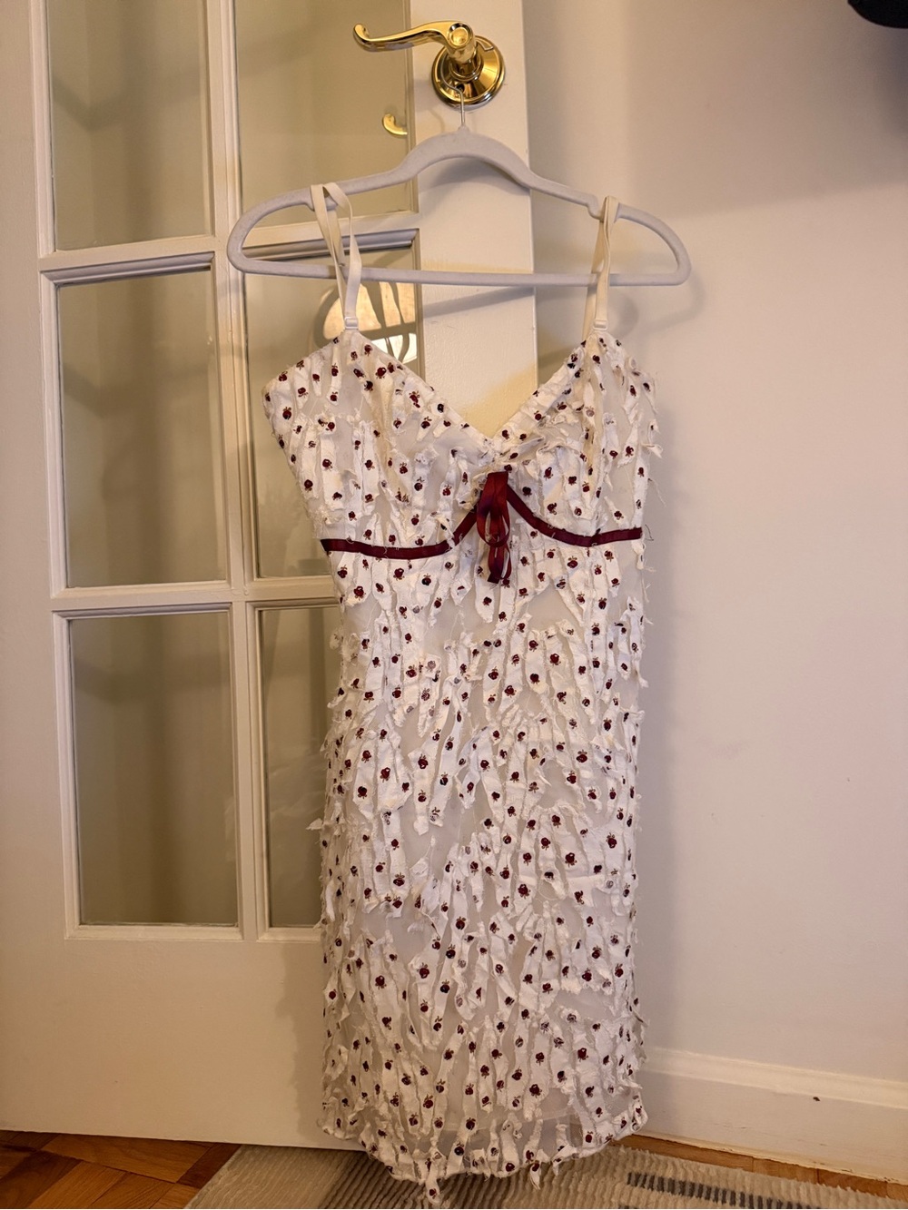 White Eyelet Slip Dress with Burgundy Accents